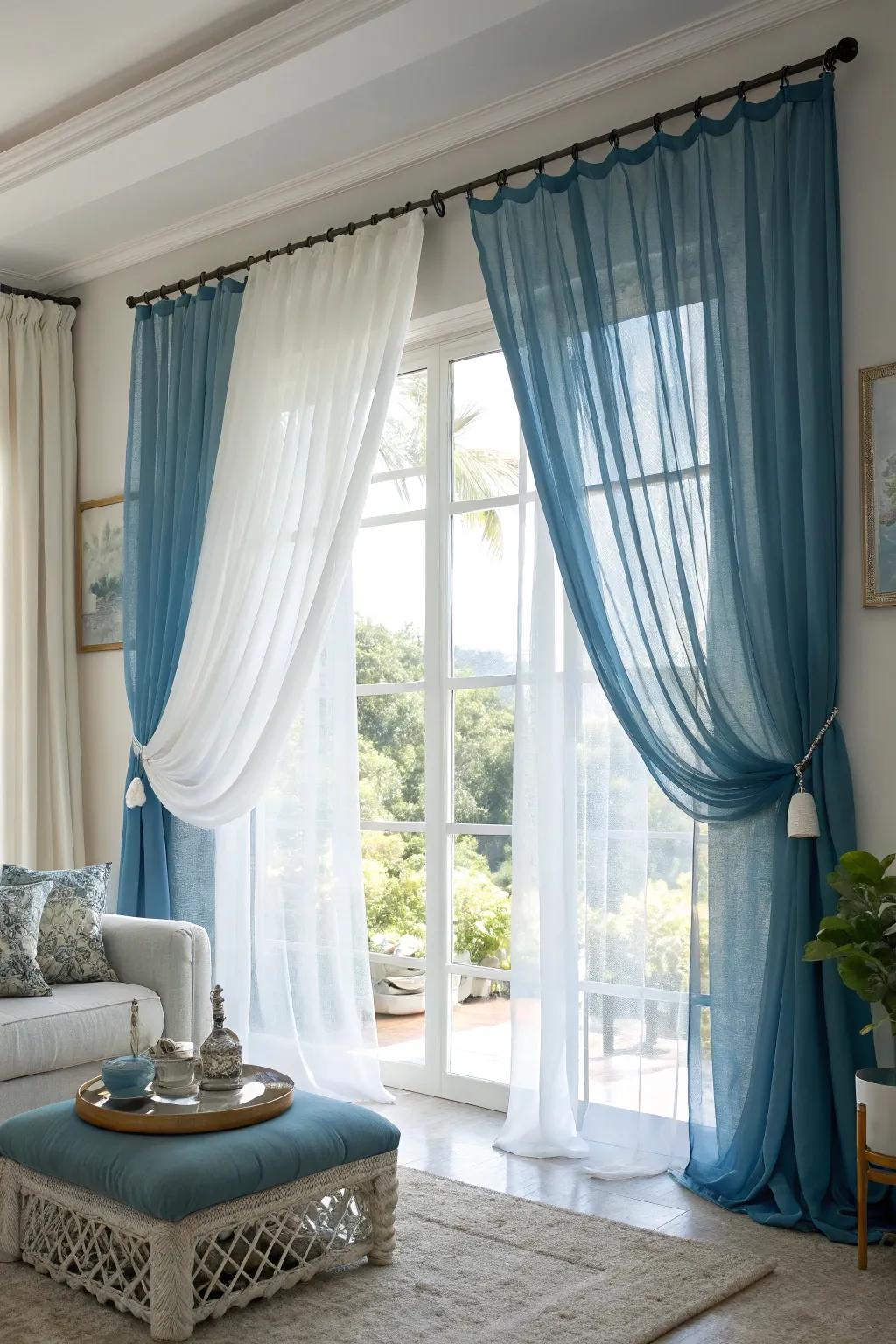 Layering azure window coverings with ivory sheers engenders a light and airy ambiance, proffering versatile illumination regulation.