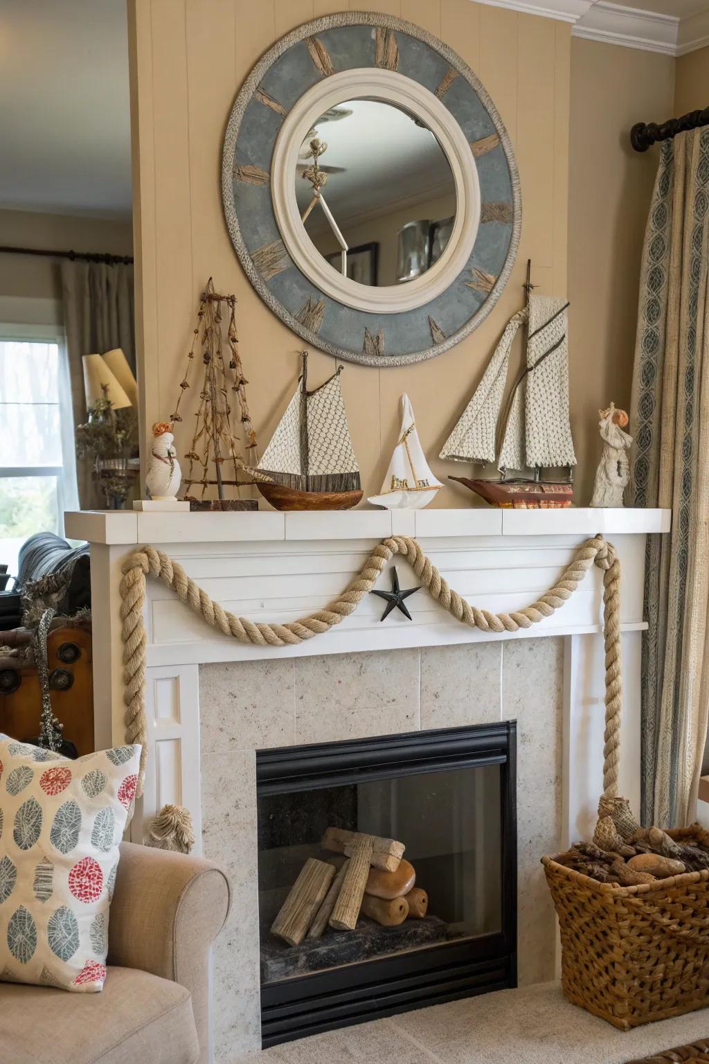 A charming living room fireplace decorated with a nautical-themed mirror, enhancing light and ambiance.