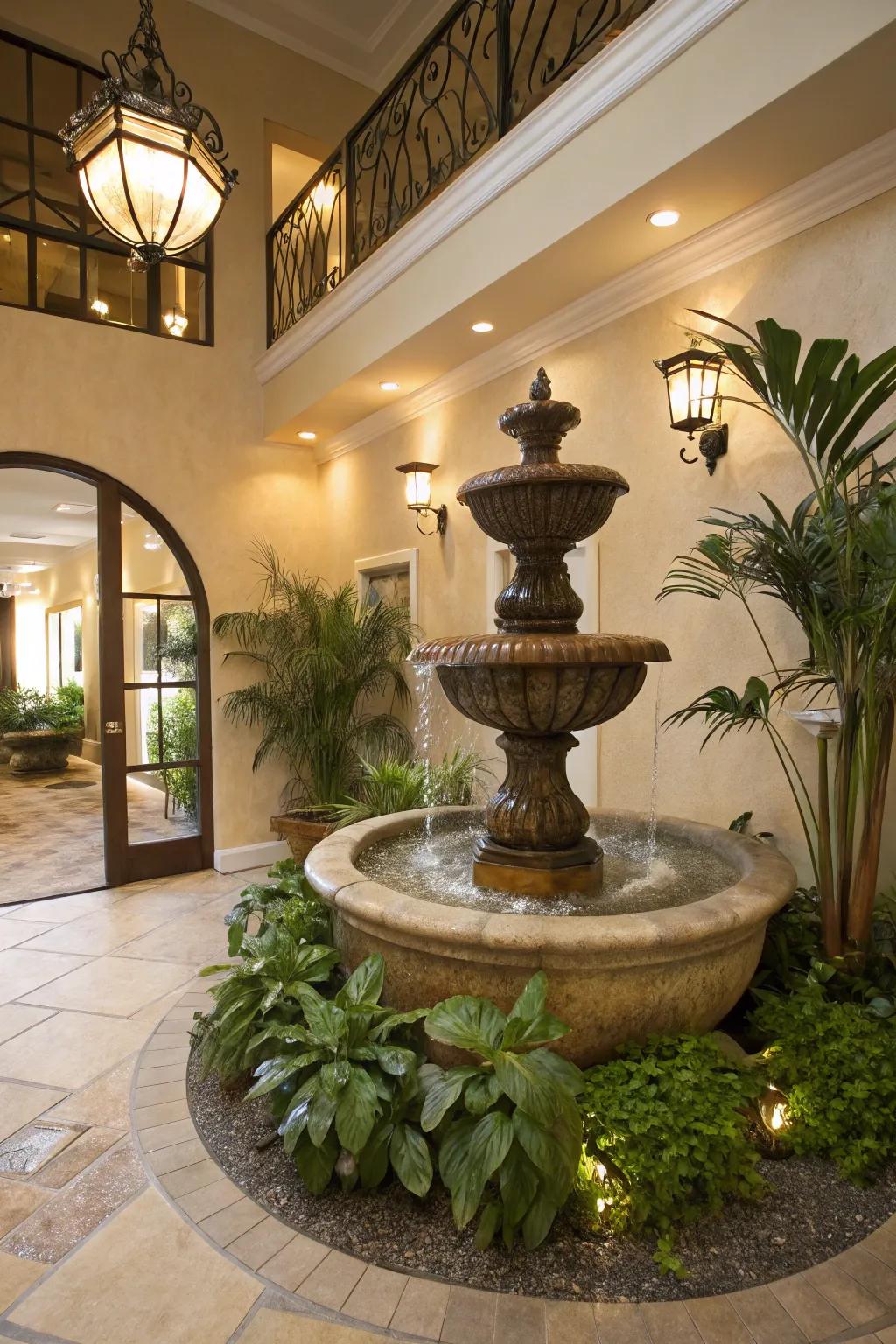 A calming lobby with a water element