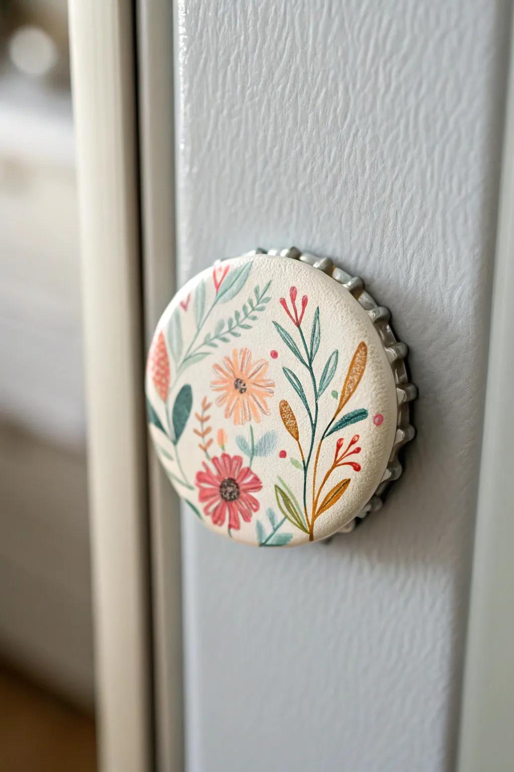 Transform bottle tops into delightful fridge clasps.