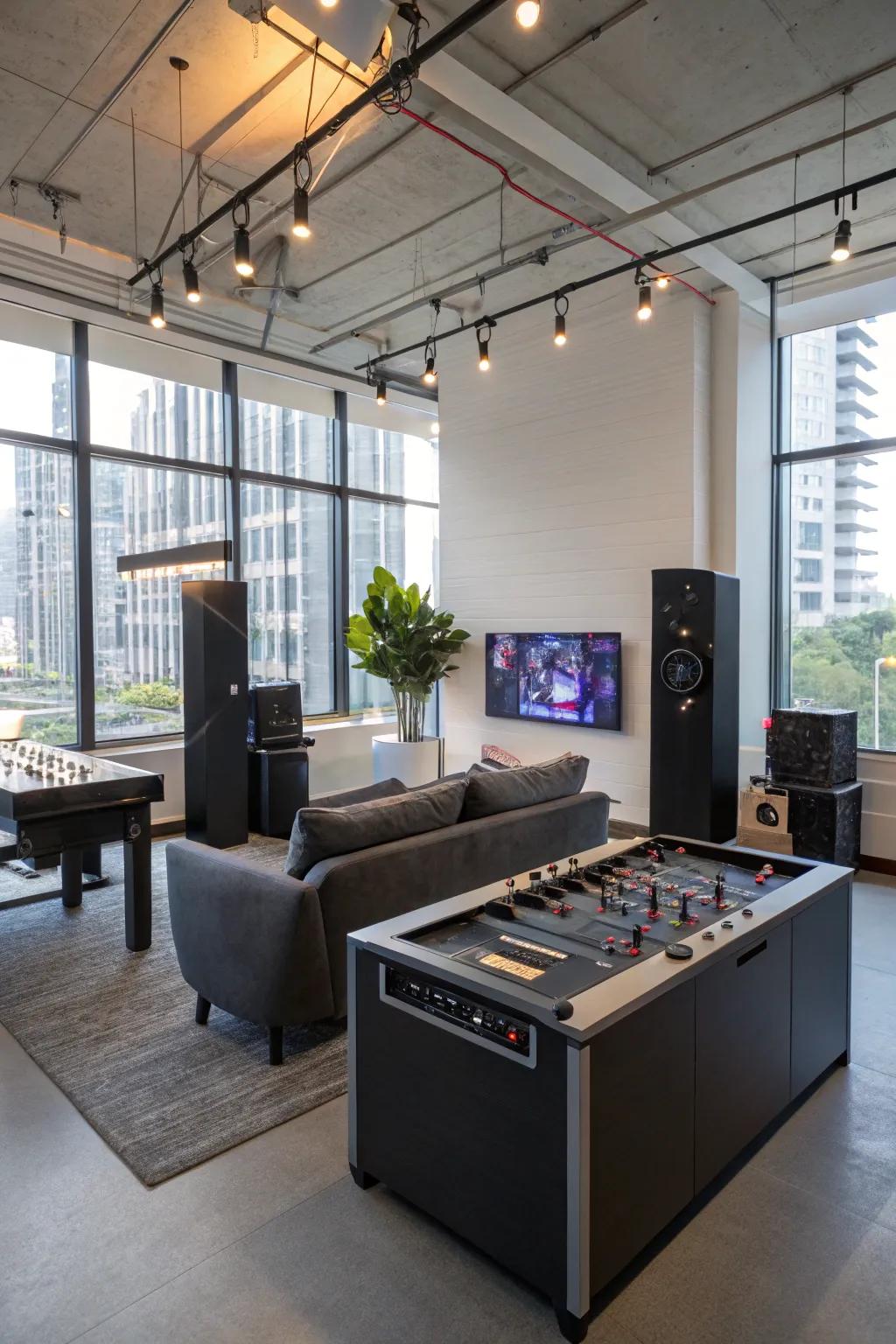 Smart home technology enhances convenience and modernity within the game room.