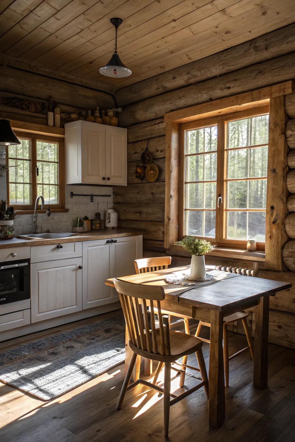 A balanced blend of bright and dark lumbers contributes depth to this kitchen.