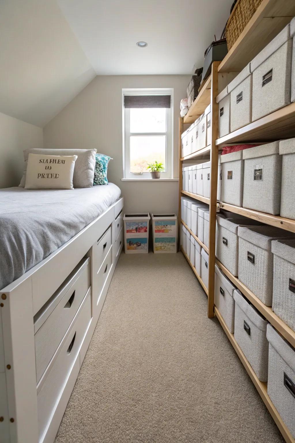 Under-bed storage keeps the room clutter-free.