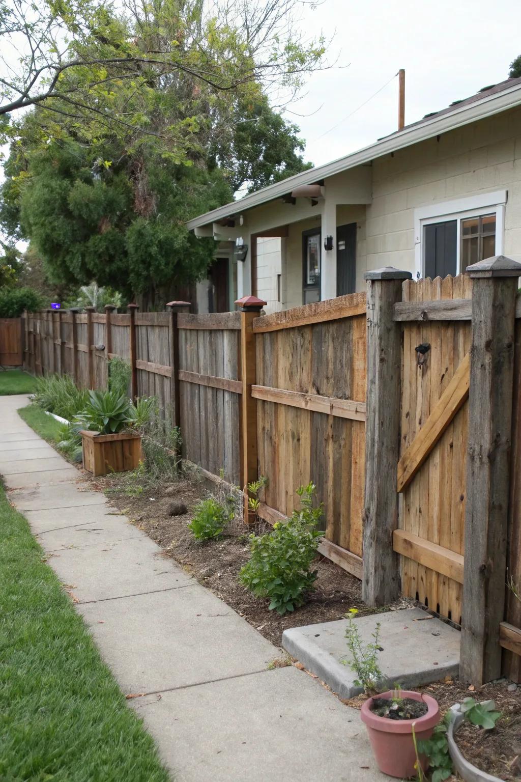 A salvaged timber fence appends warmth and persona to this front yard.