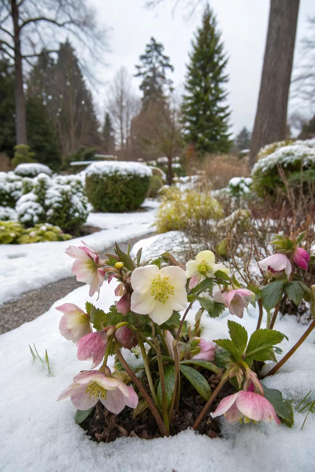 Lenten Rose appending hue to a winter garden.