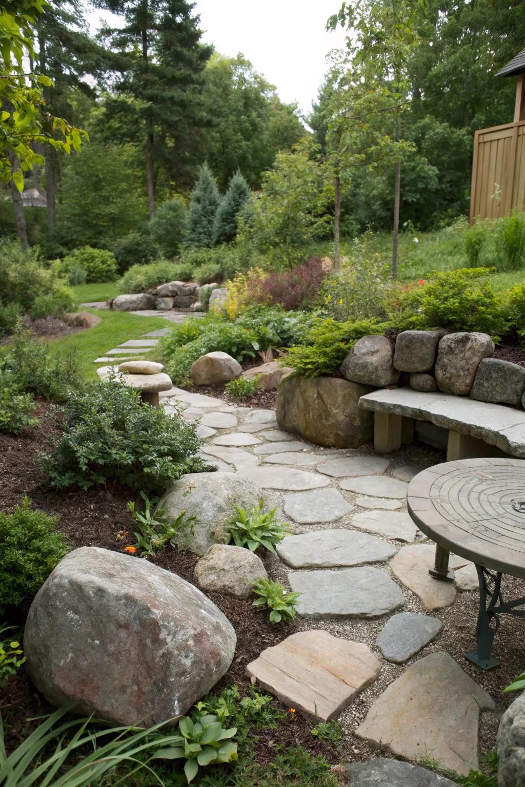 A rock seating area encouraging relaxation.