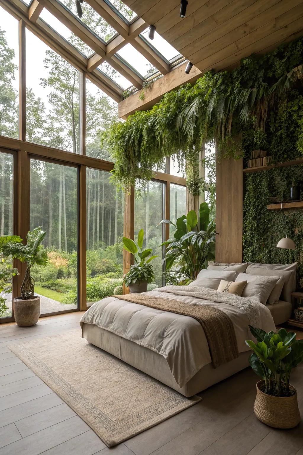 A luxurious bedroom incorporating nature-inspired design with indoor flora.