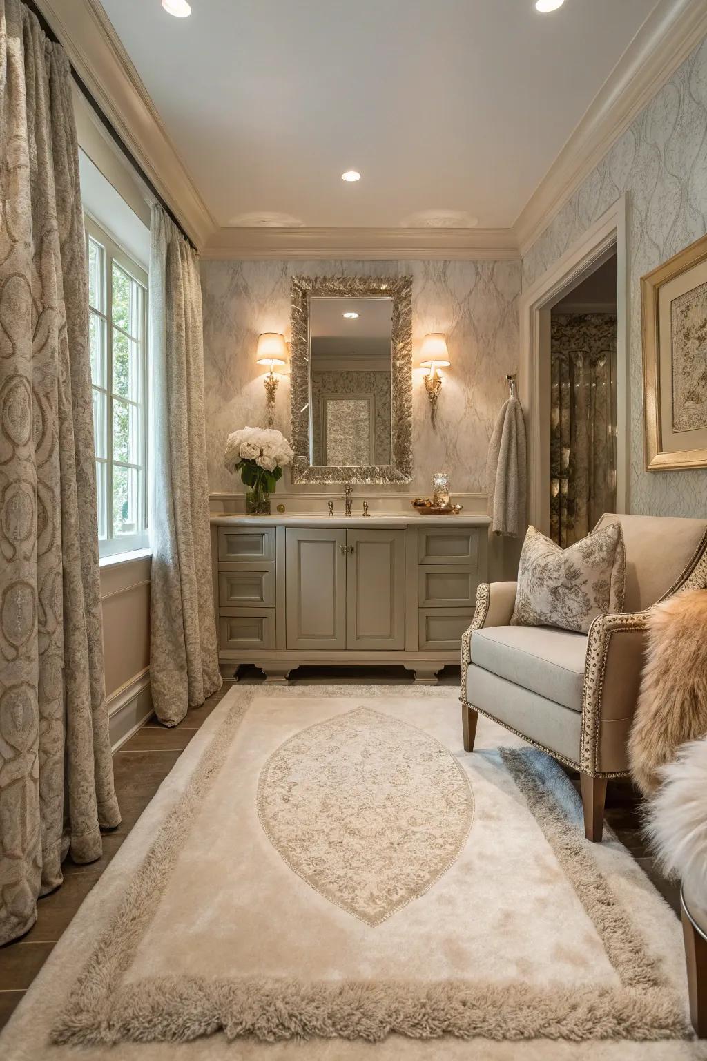 Luxurious fabrics add comfort and warmth to this bathroom.