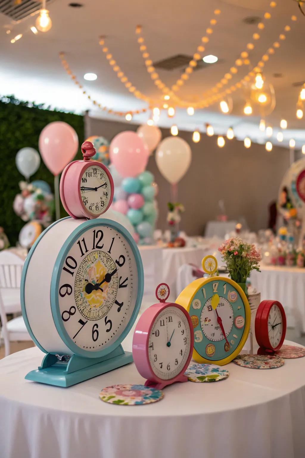 Chronometers employed as whimsical centerpieces acknowledge the Mad Hatter's temporal preoccupation.