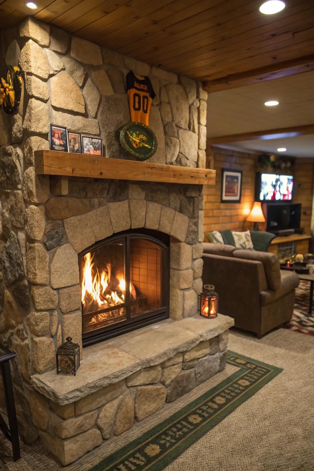 A cozy indoor hearth refining the ambiance of a man cave.