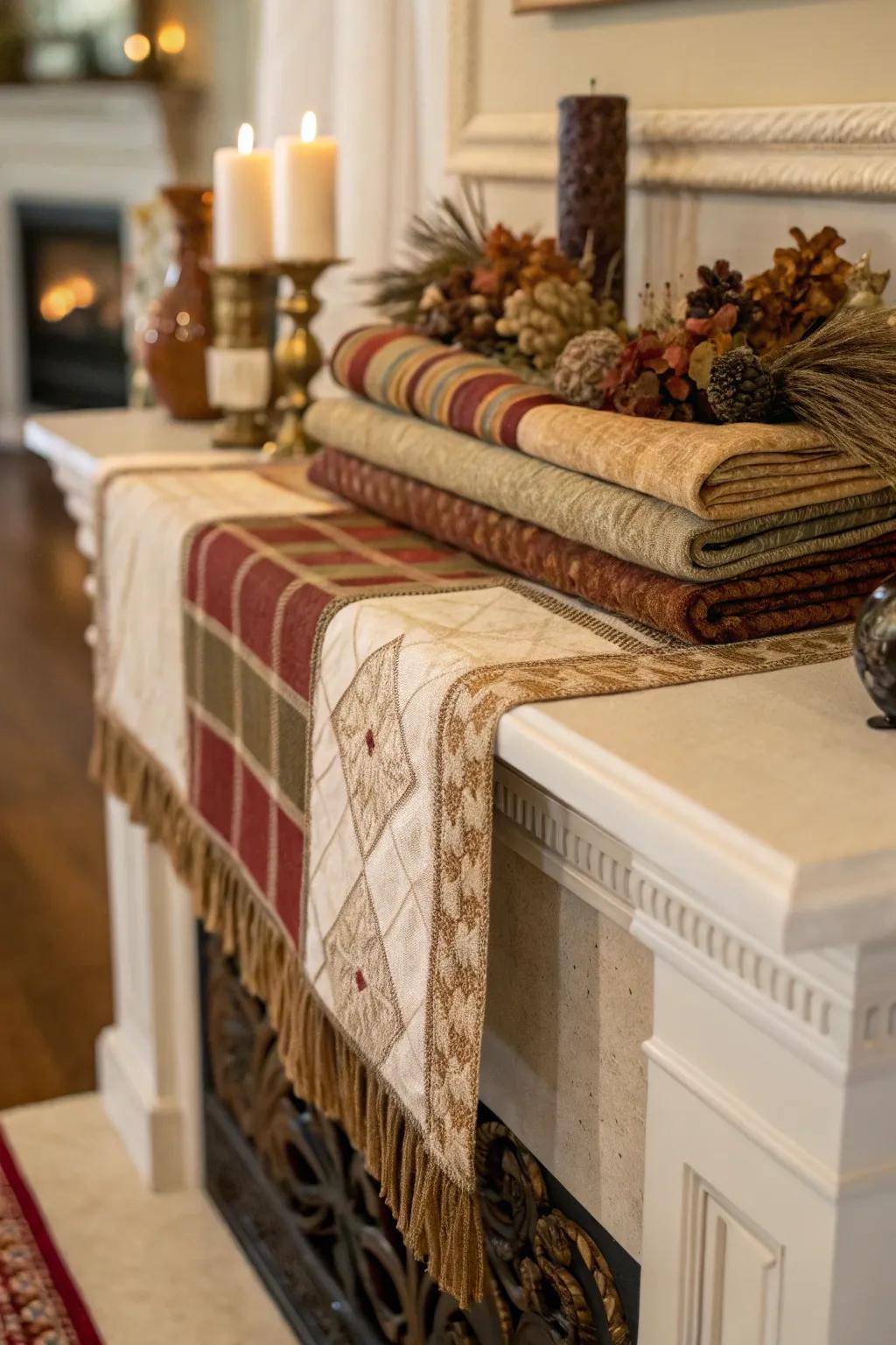 Layered textiles bring softness and color to the mantel decor.