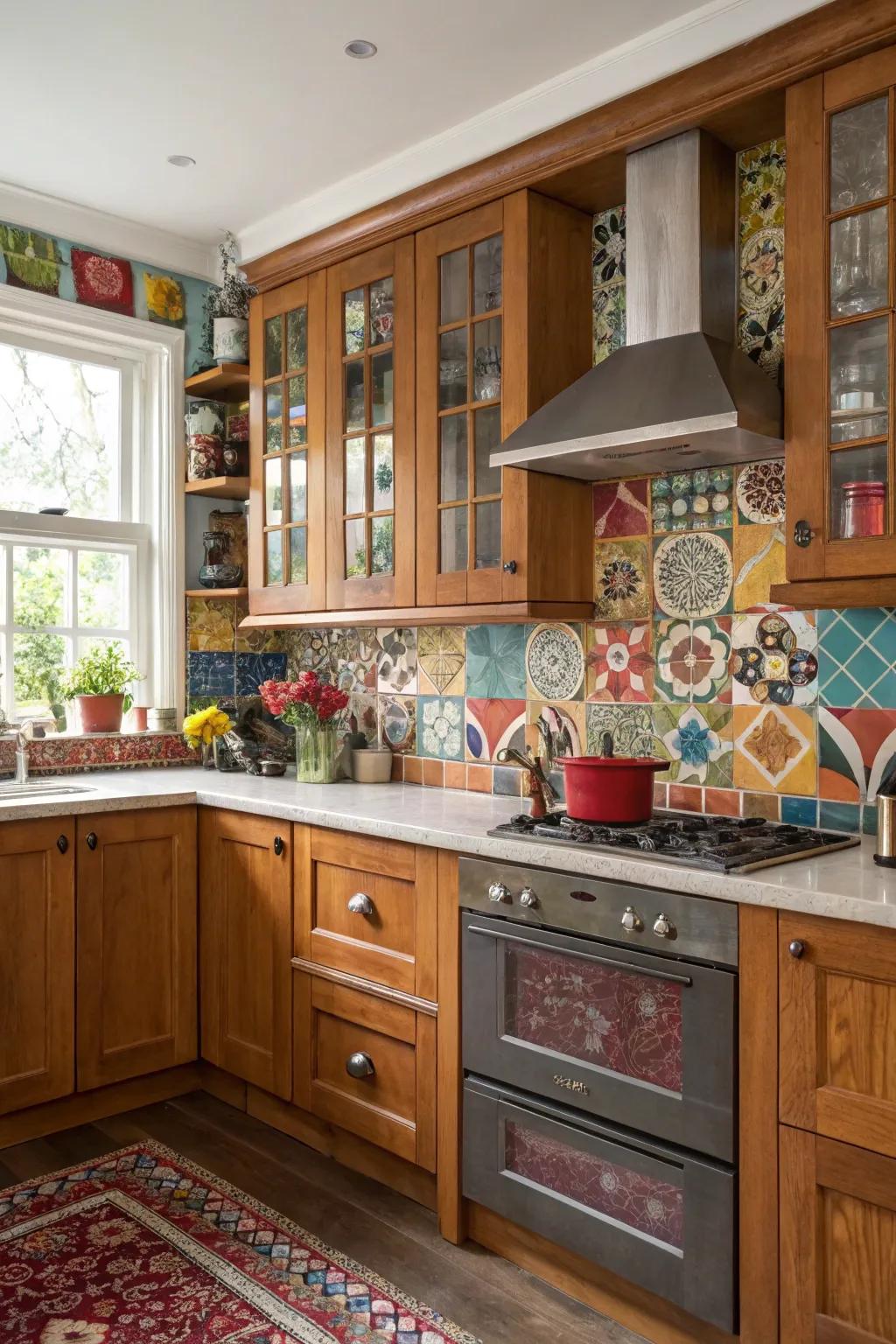 A diverse culinary space with lightwood units and a daring backing for a striking visual.