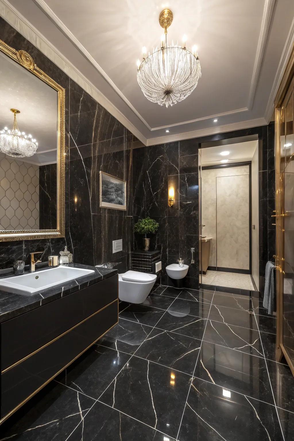 Dark limestone-effect porcelain tiles creating a dramatic and chic bathroom atmosphere.
