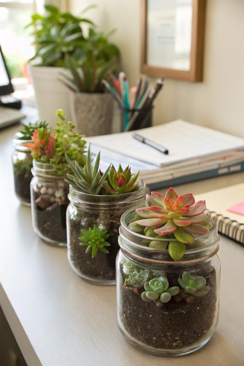 Introduce modern greenery through small garden beds of arid plants inside glass jars.