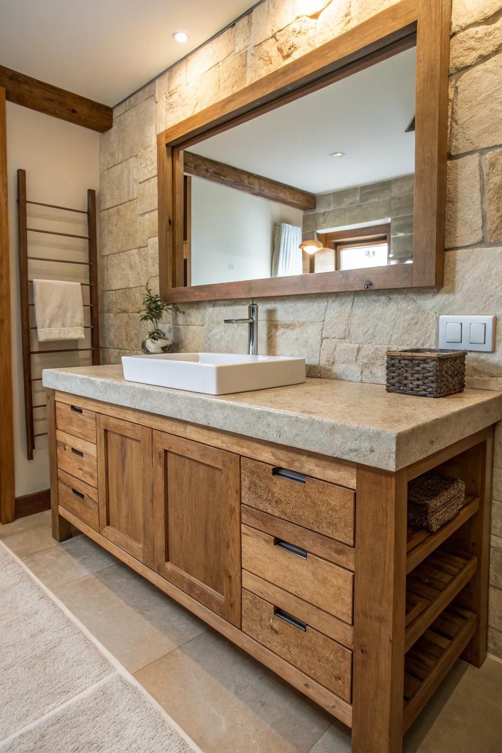 A restroom vanity constructed using organic stone and timber, which provides warmth and texture.