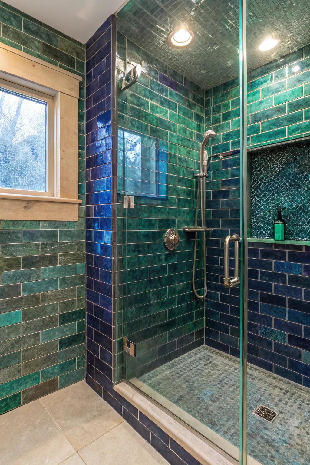 A shower stall exhibiting opulent gemstone-toned pavers for a vibrant, extravagant atmosphere.
