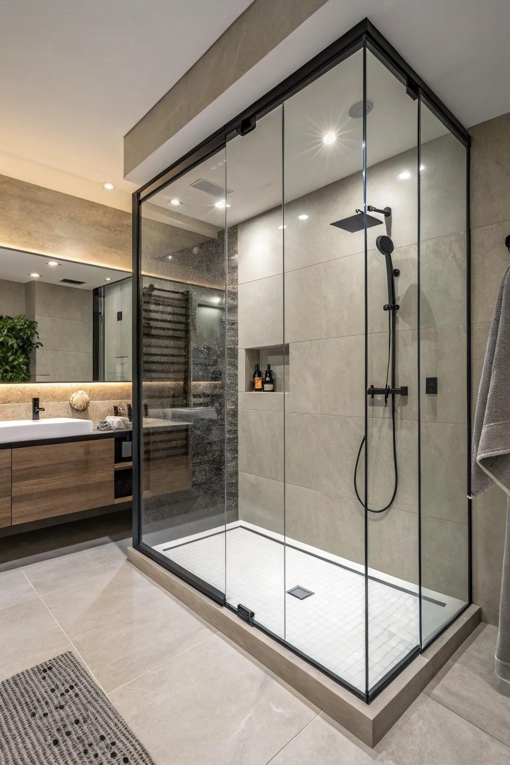 A borderless shower encourages a fluid continuum in your bathing space.