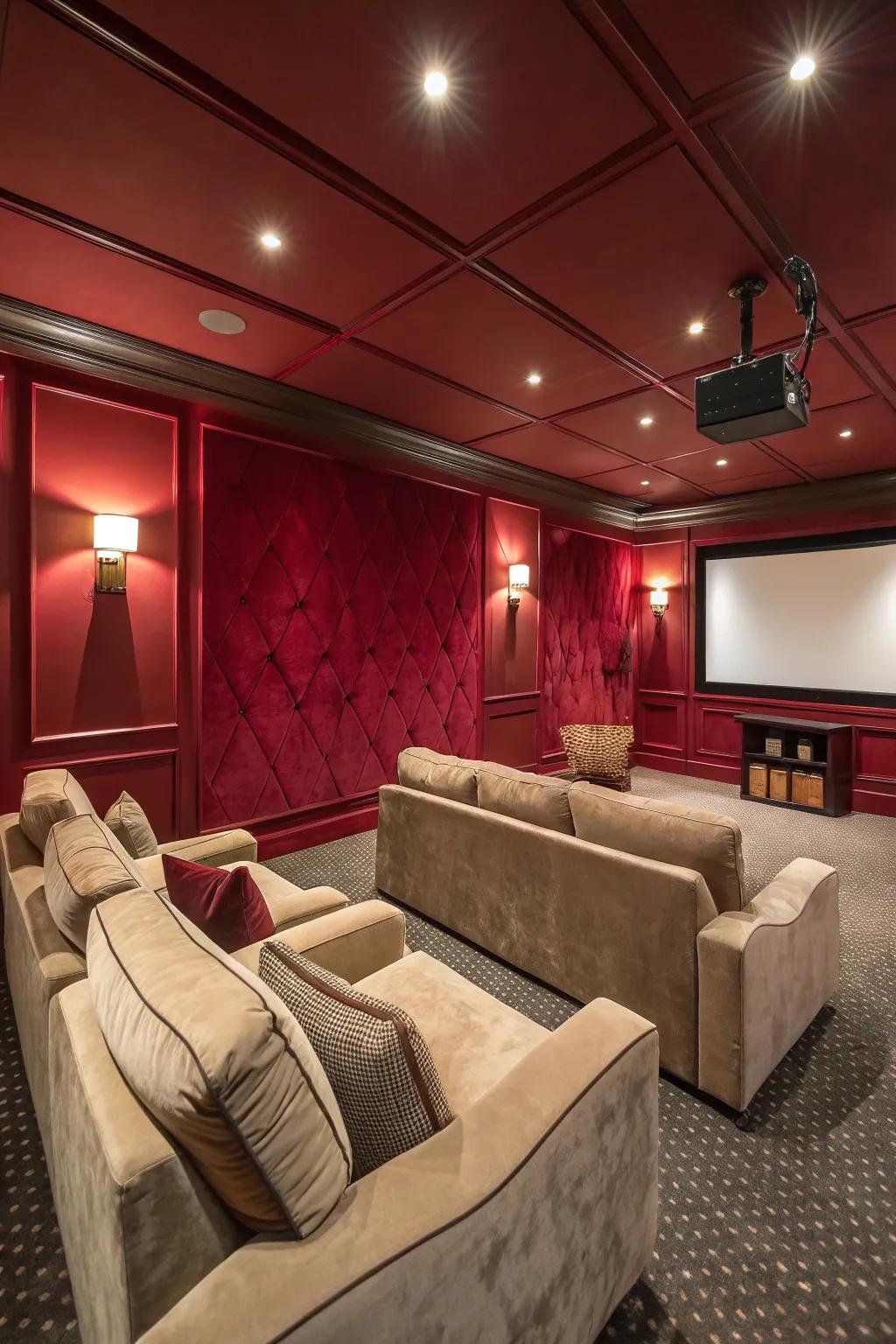 A dramatic media room featuring crimson walls, echoing classic theater elegance.