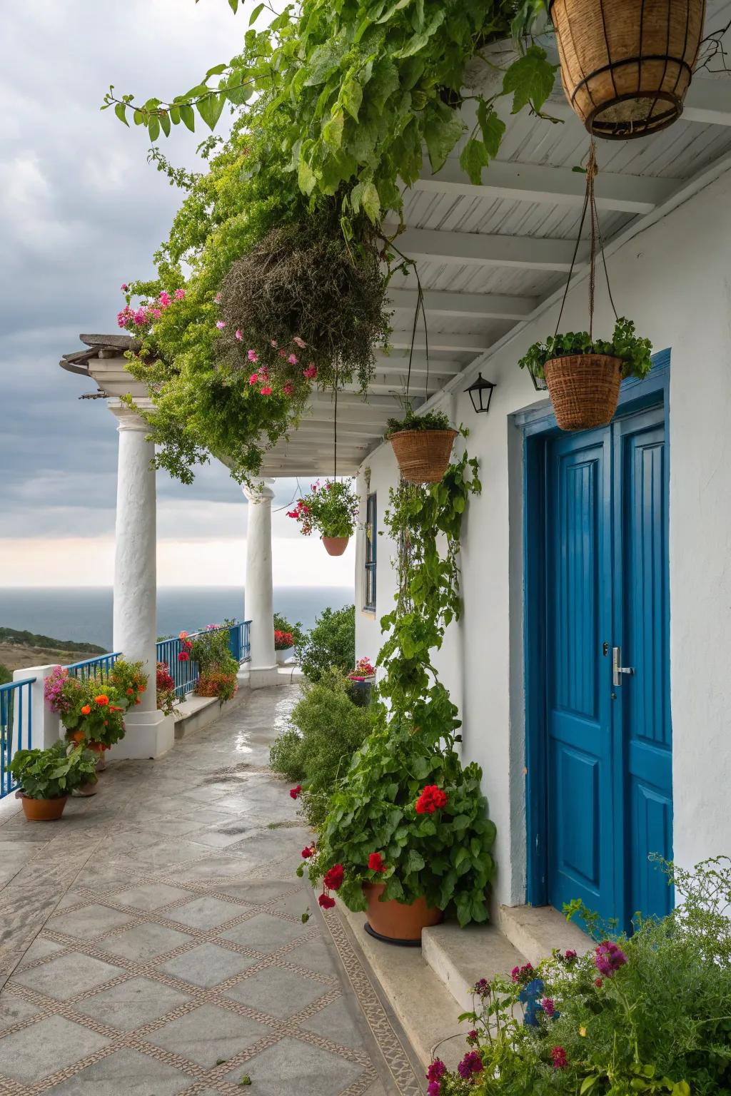 Hanging gardens lending depth and lush plants to the porch.
