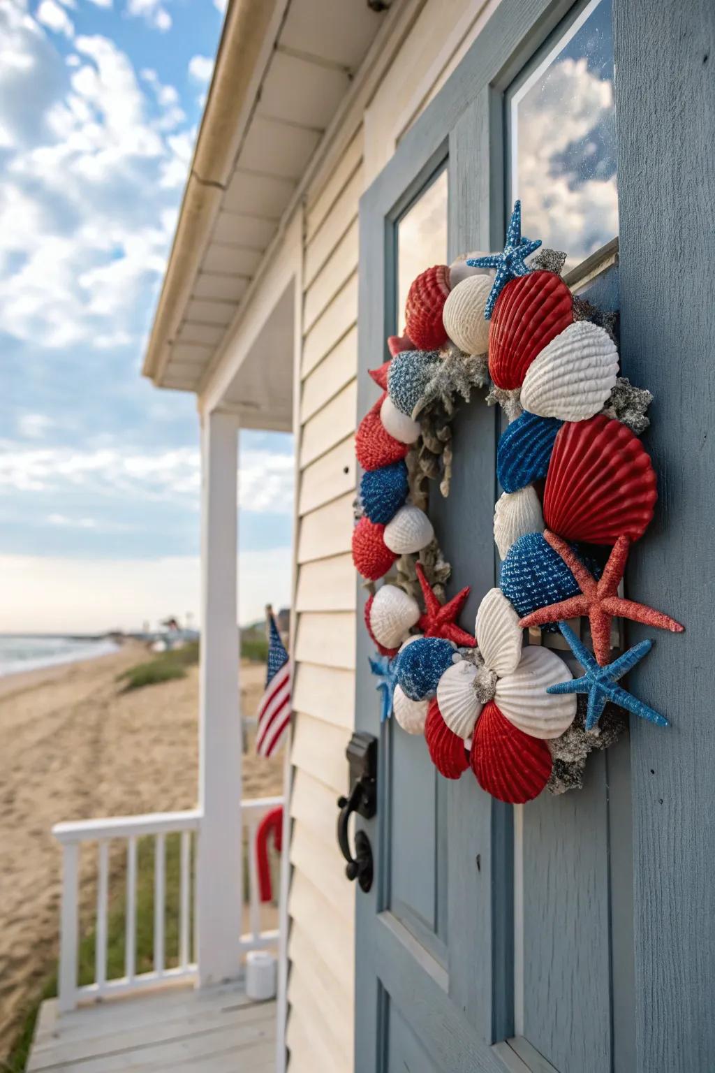 A coastal-themed wreath highlighting artistically painted seashells.
