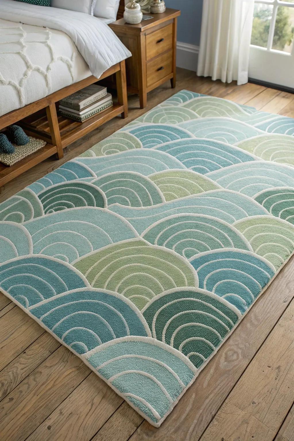 Wave patterns underfoot create an oceanic feel.