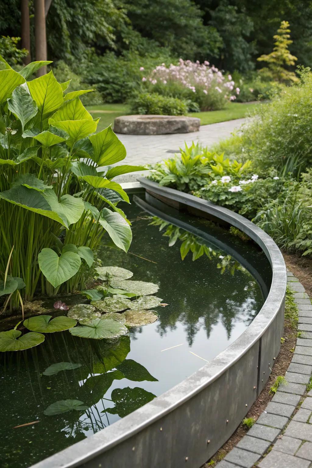 Metallic edging delineates and enhances garden pond zones.