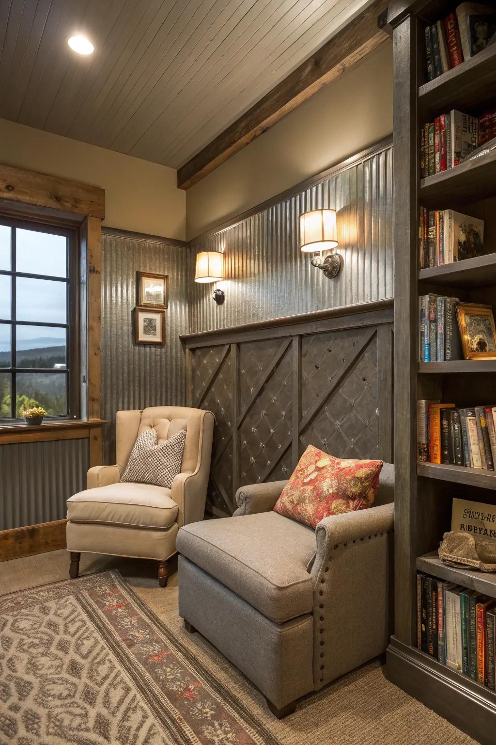 Metallic paneling establishes the stage for a snug reading refuge.