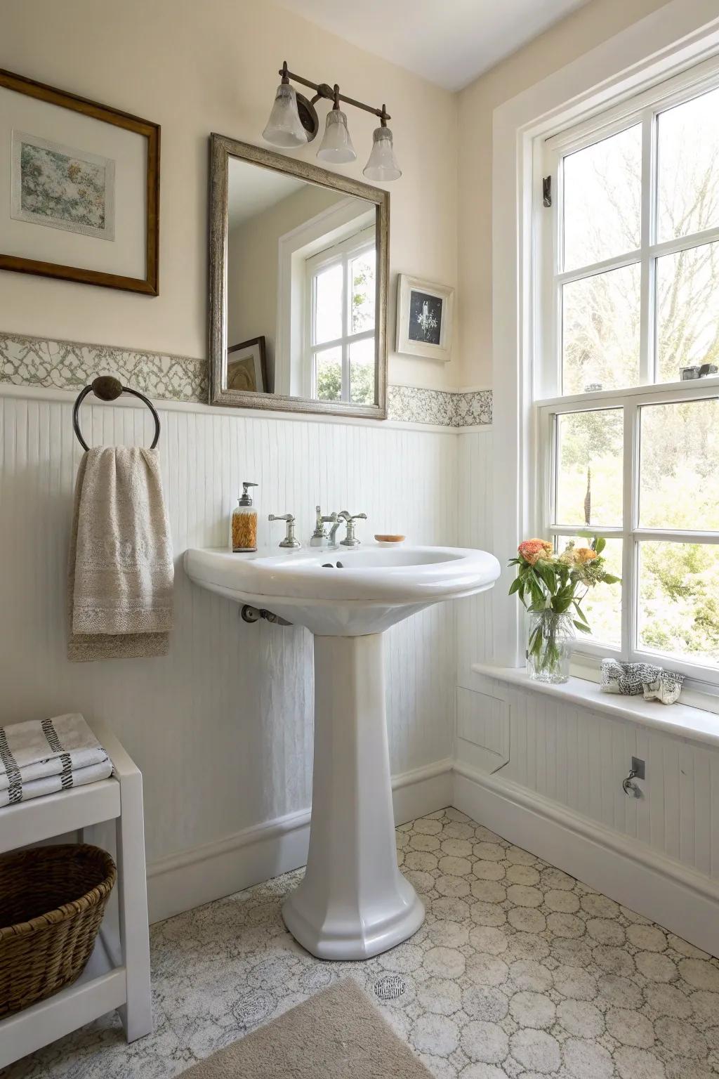 A pedestal sink merges space-saving design with understated elegance.