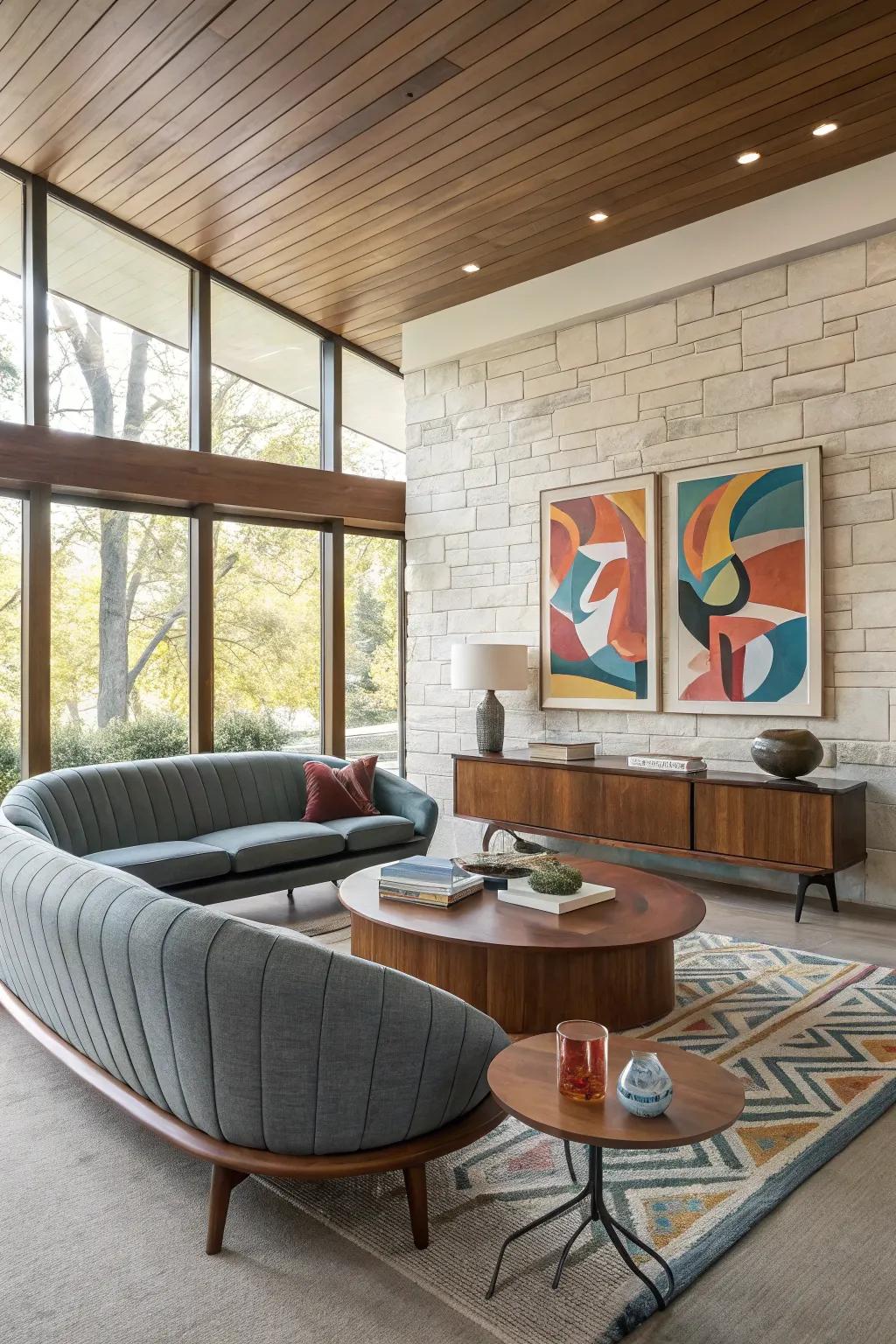 Abstract wall art enlivens this mid-century modern living space with personality and creativity.