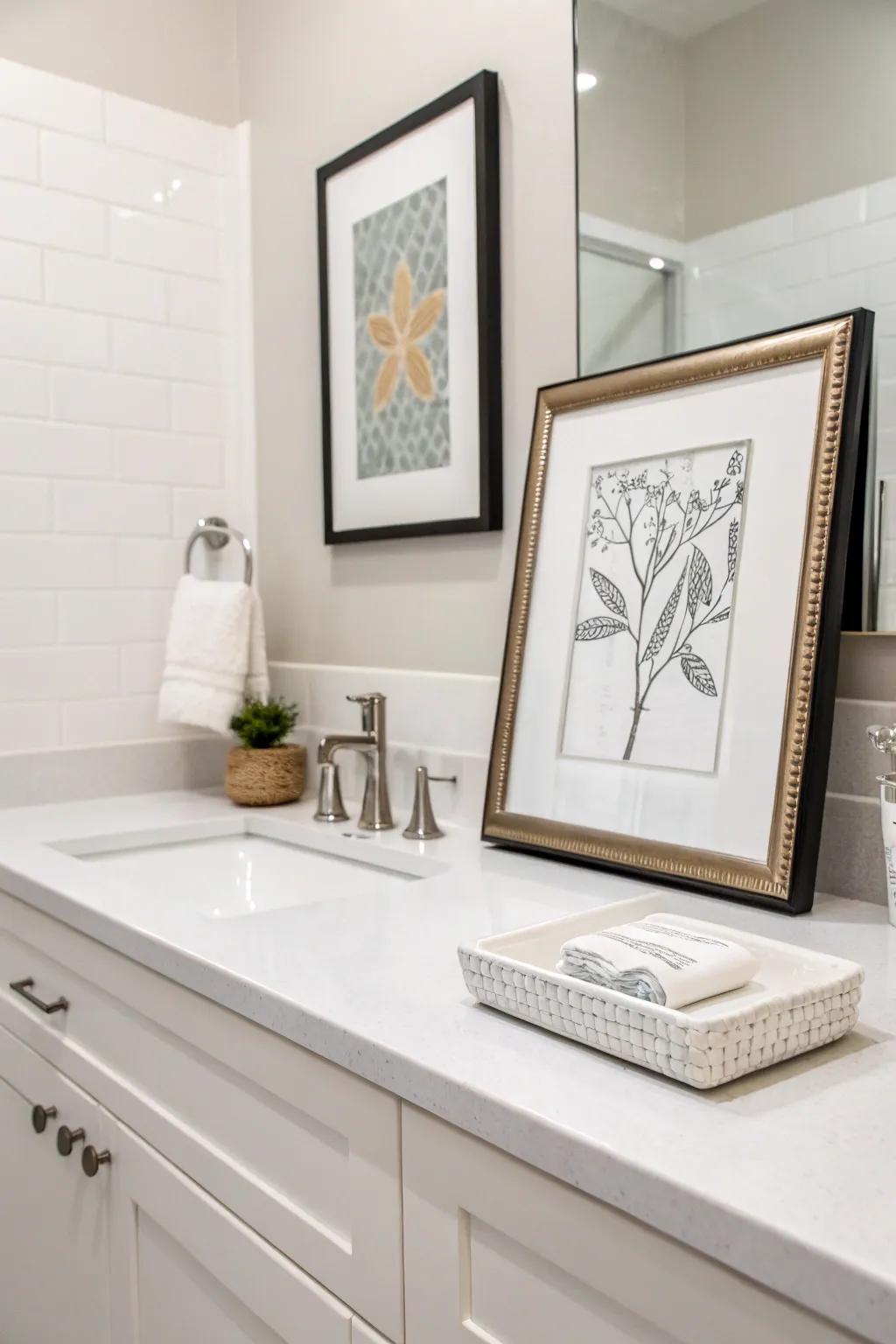 Minimal artistry adds a personal touch to the bathroom decor.