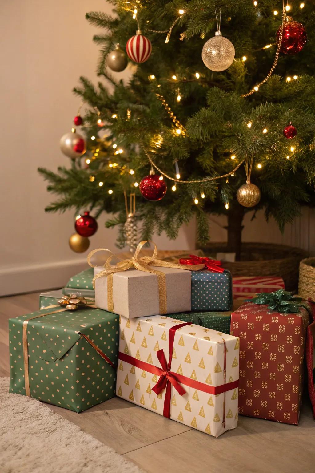 Tidily arranged gifts with minimal wrapping beneath a minimalist Christmas tree.