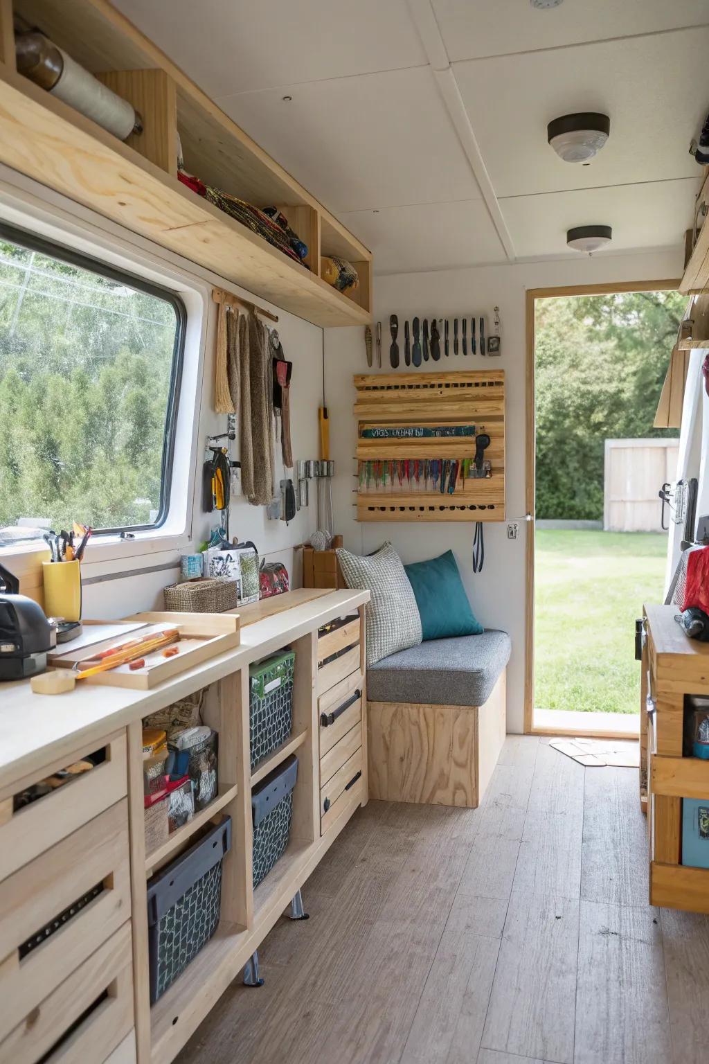 A well-organized studio featuring instruments and crafting materials, ideal for hobbyists and DIY devotees.