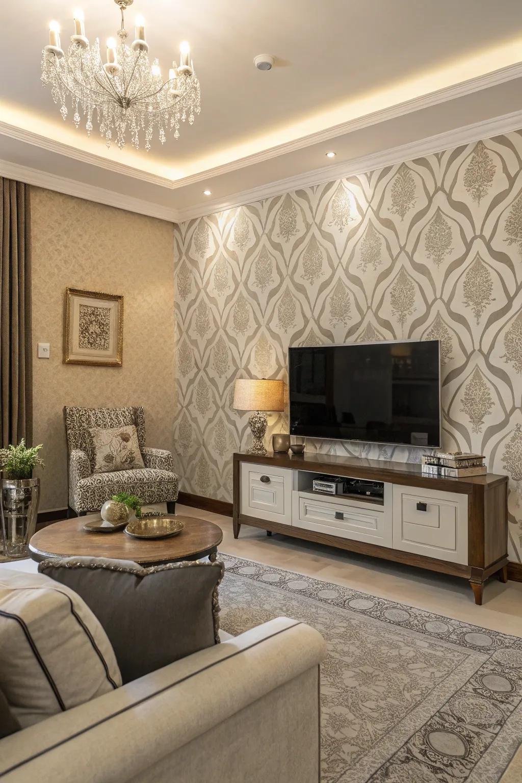 Understated patterned wall coverings contribute grace to the TV wall.