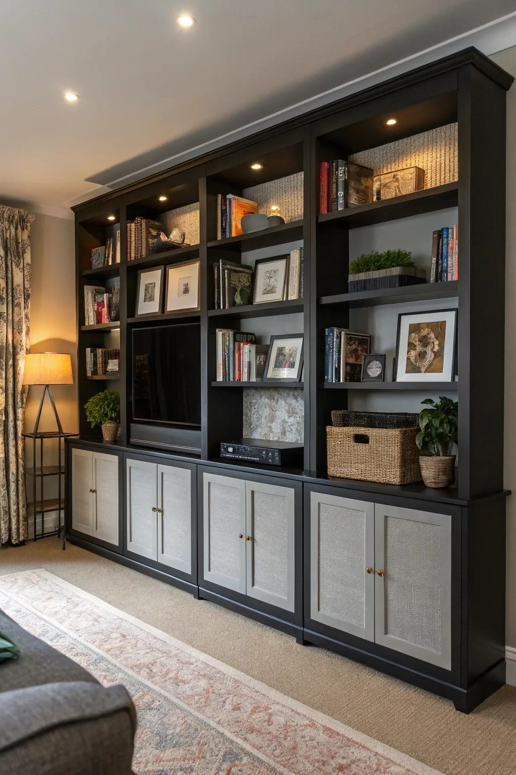 Ebony shelving units featuring stone grey backing present a refined display solution.