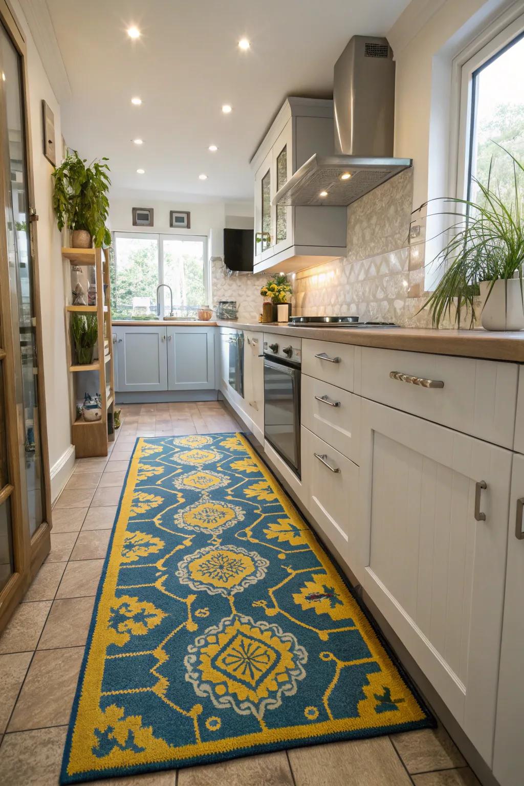 A patterned mat unites the room with comfort and style.