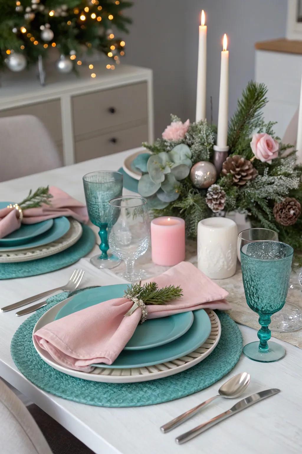 A distinctive table arrangement adopting unconventional colors such as teal and rose.
