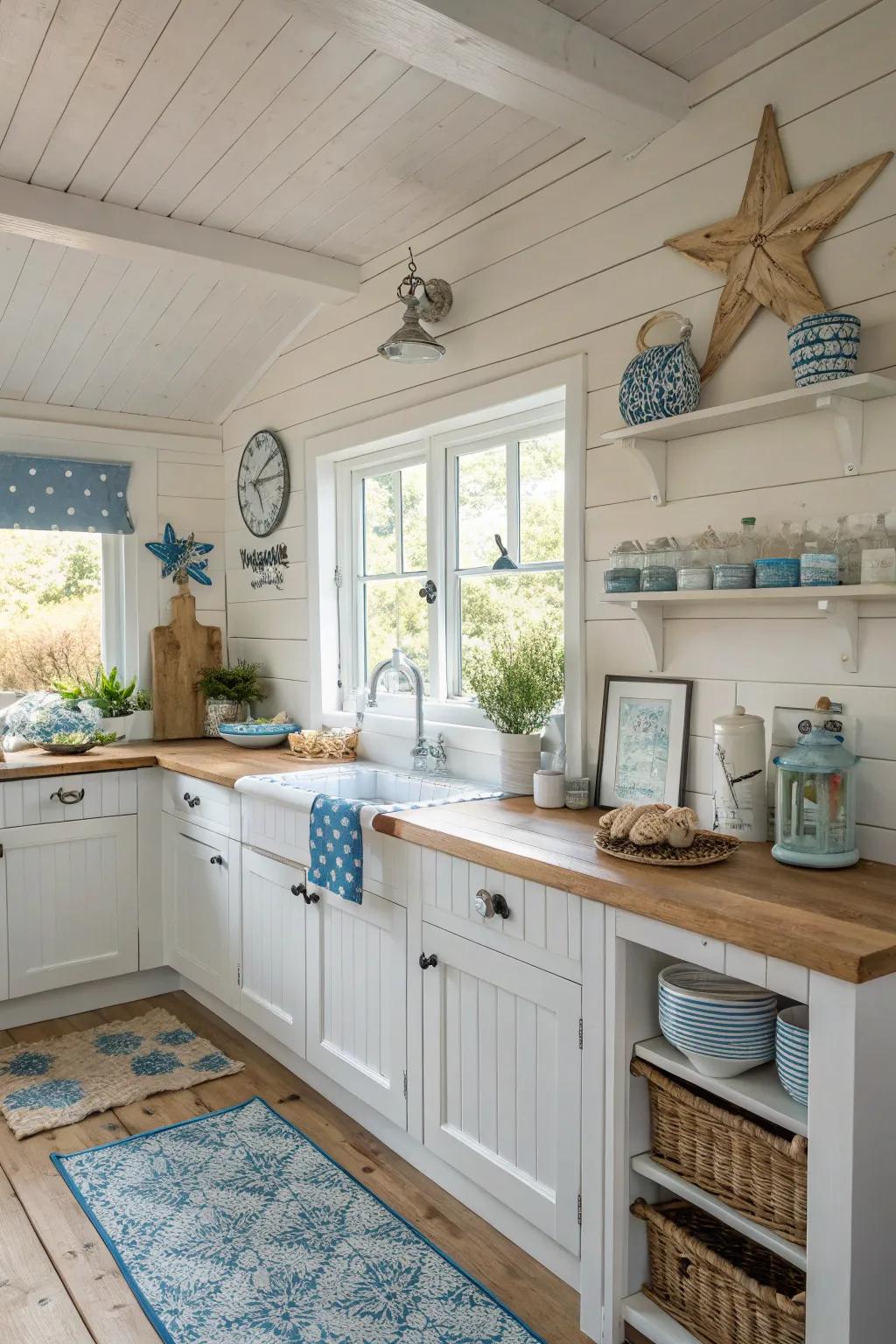 Overlapping planking walls add rustic charm to this coastal kitchen.
