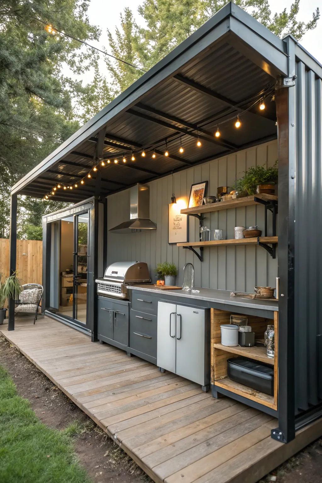 A modular home equipped with a unique open-air cooking hub, designed for entertaining.