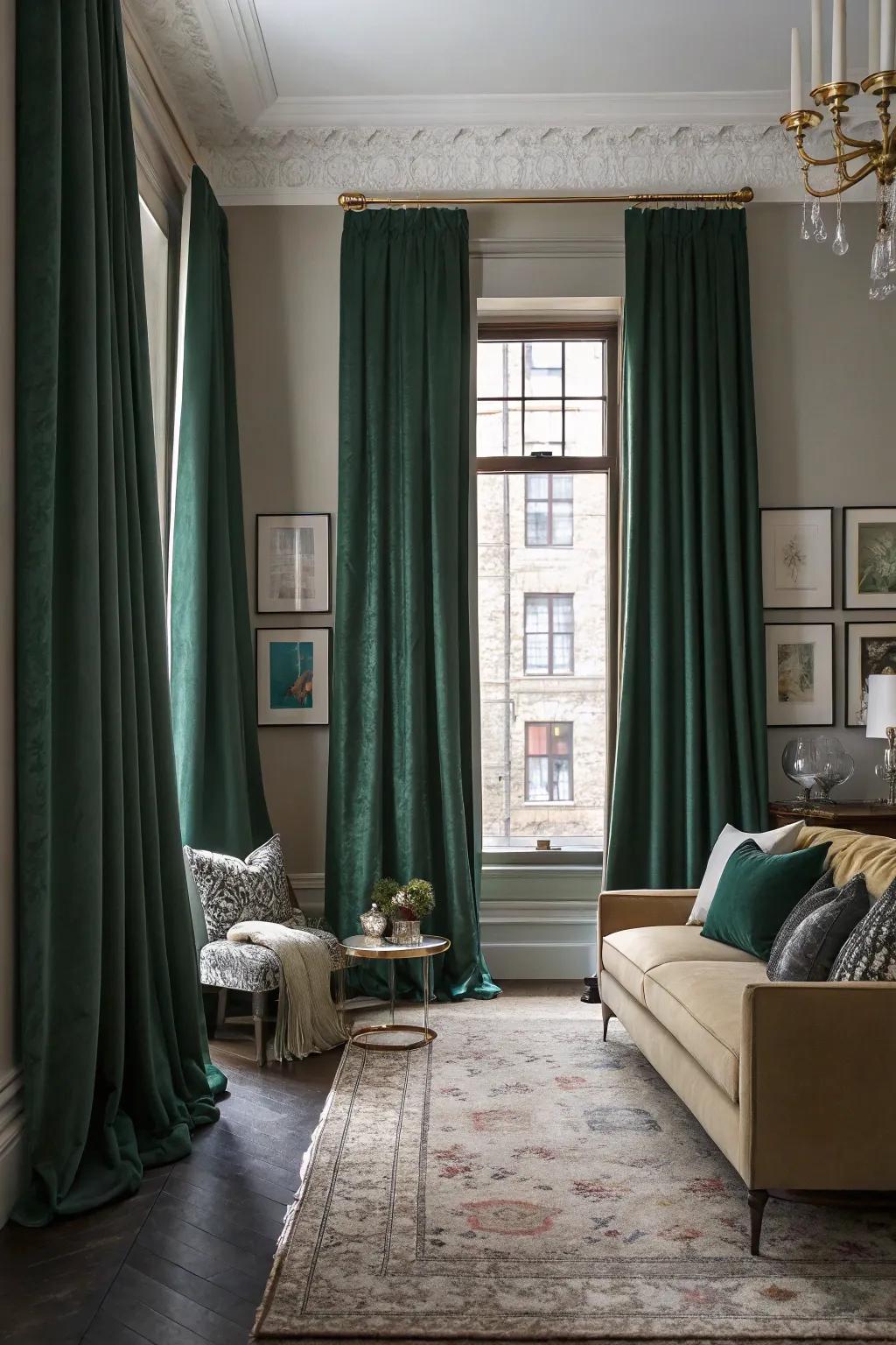 Dark green curtains add drama and elegance to your living room.