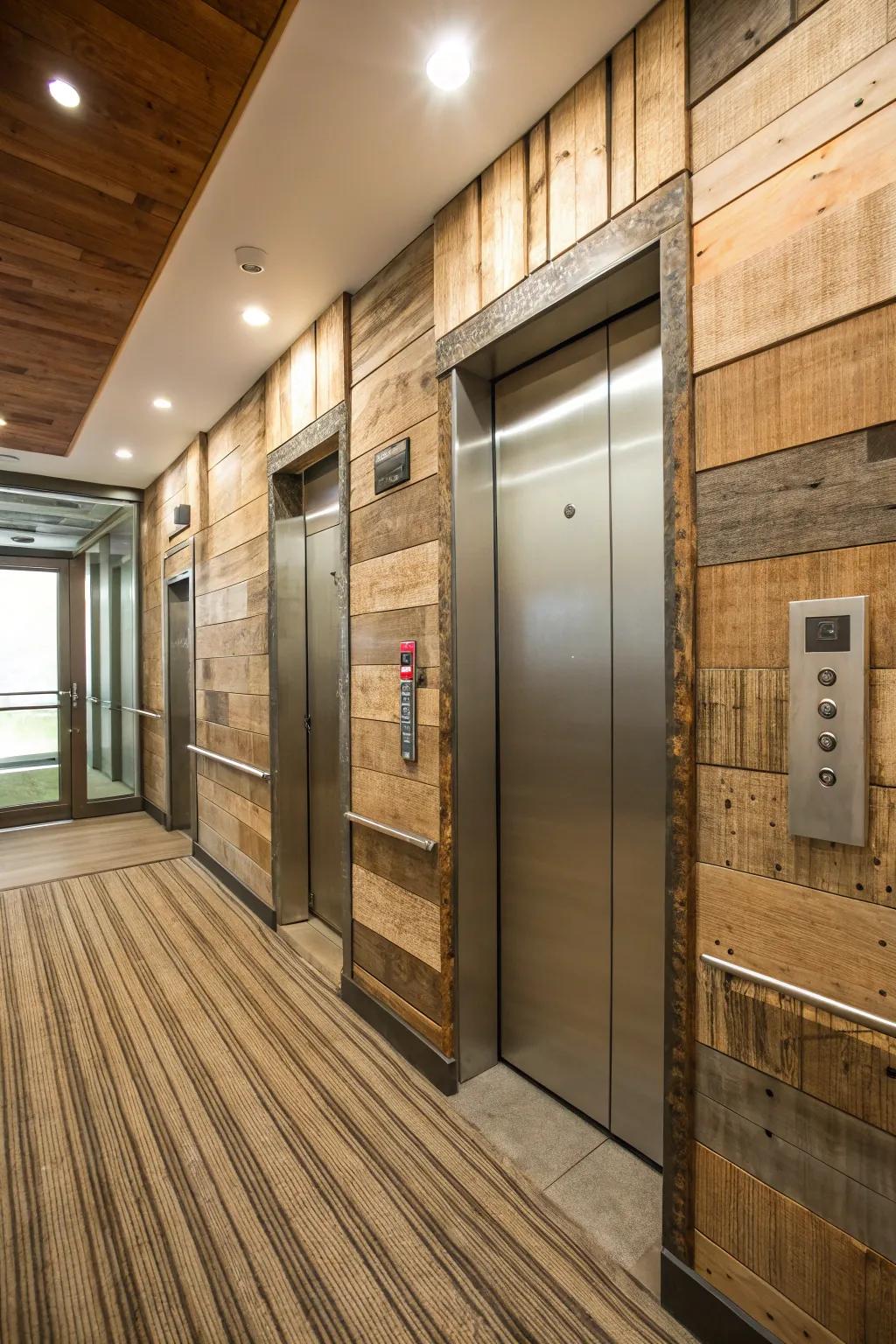An eco-conscious elevator design showcases sustainable materials.