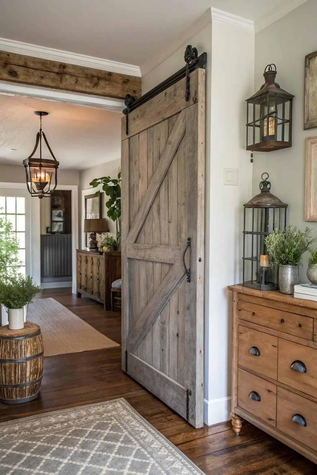 A sliding barn entrance introduces a rustic gesture and visual intrigue.