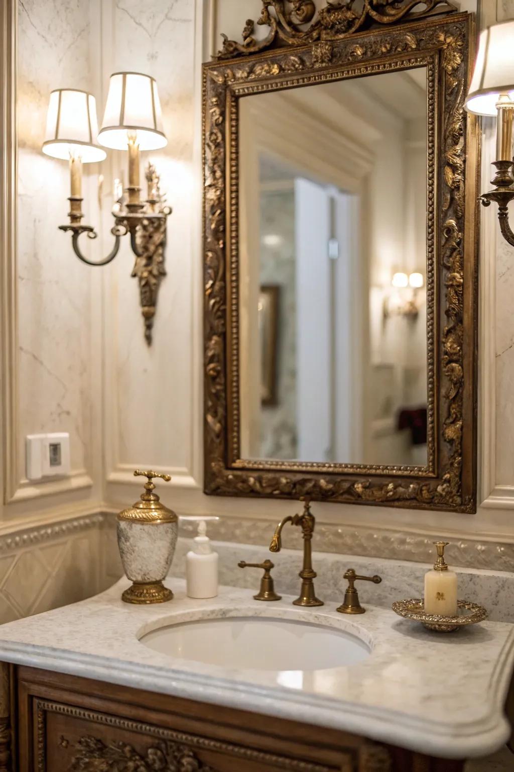 A relic mirror and time-honored fixtures adorn a powder room.