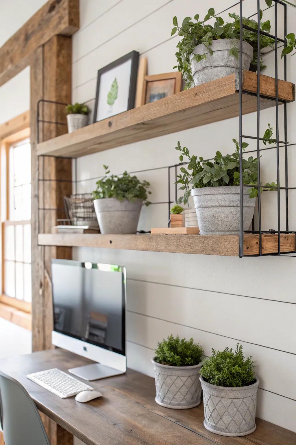 Ledge shelves with verdure in a rejuvenating home office.