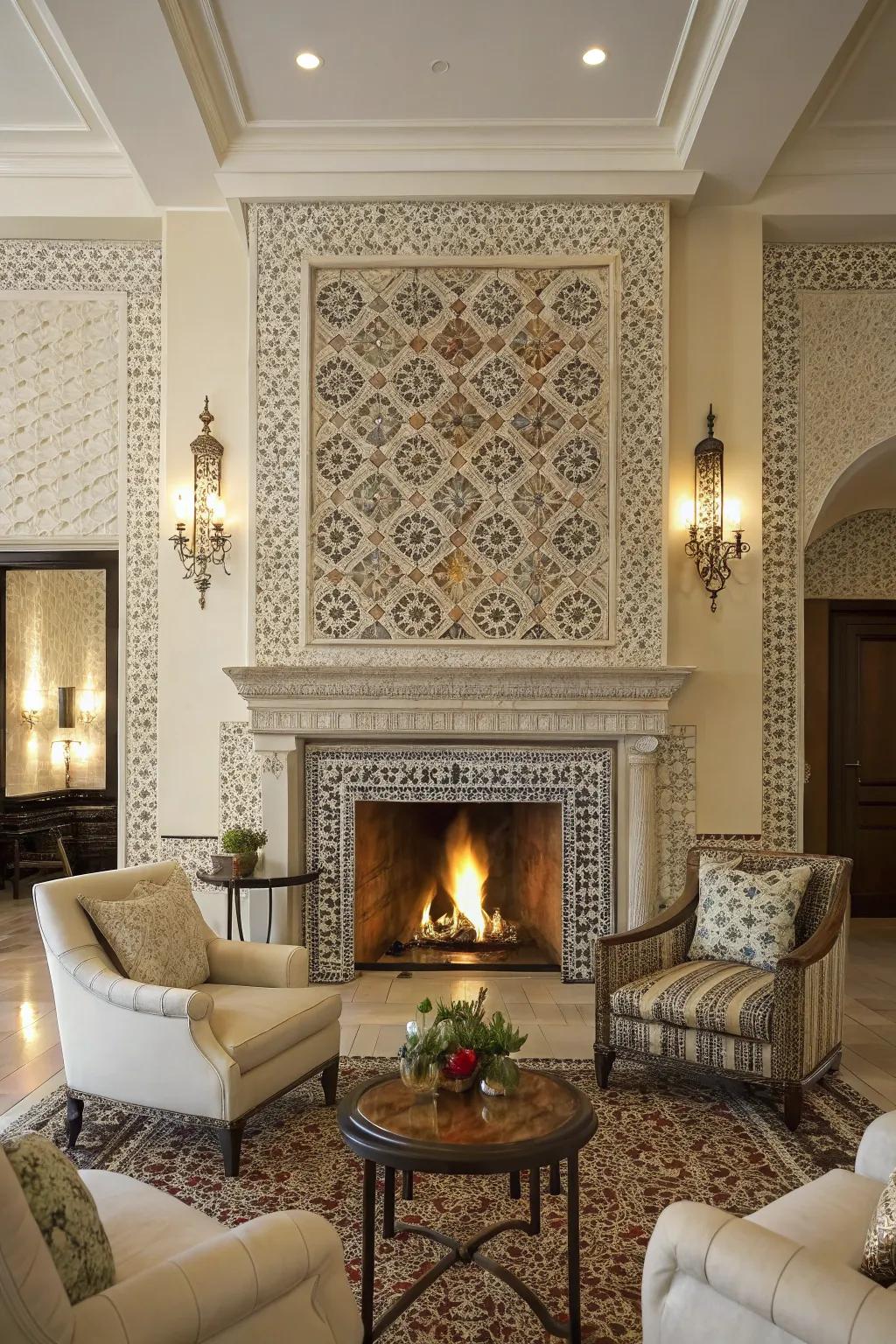 Intricate composite stone design on a fireplace.