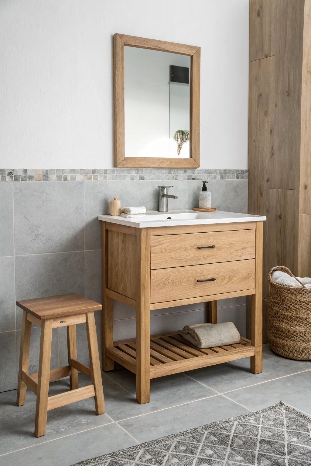 Wood elements introduce warmth and a natural aesthetic to the space.