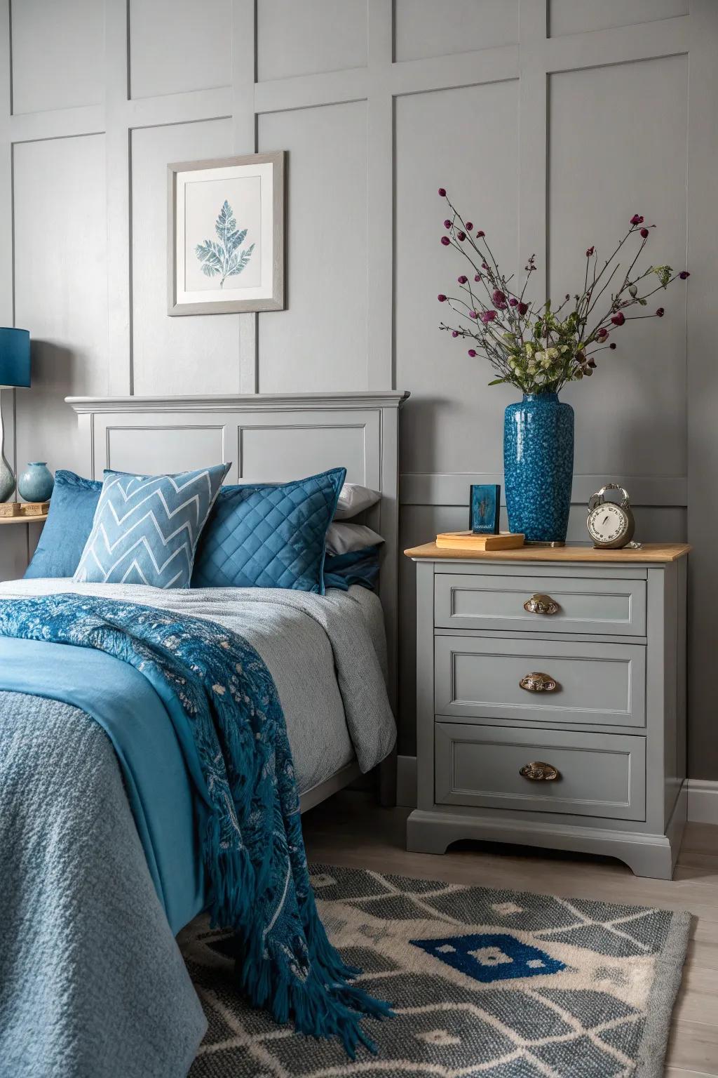 A monochrome grey theme enhanced with azure adornments adds sophistication to your bedroom.