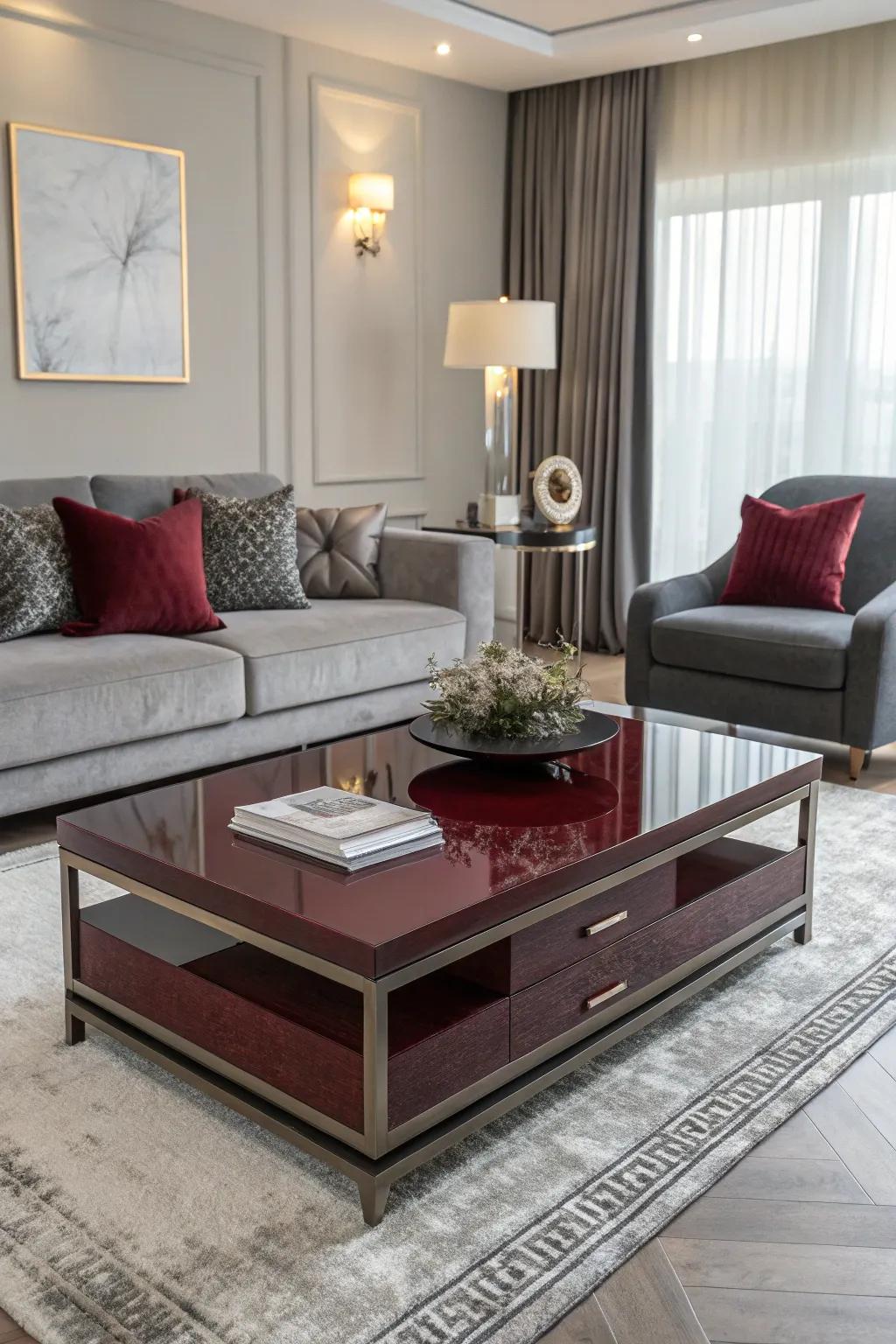 A living room arranged with a modern center table featuring burgundy accents and grey decor.