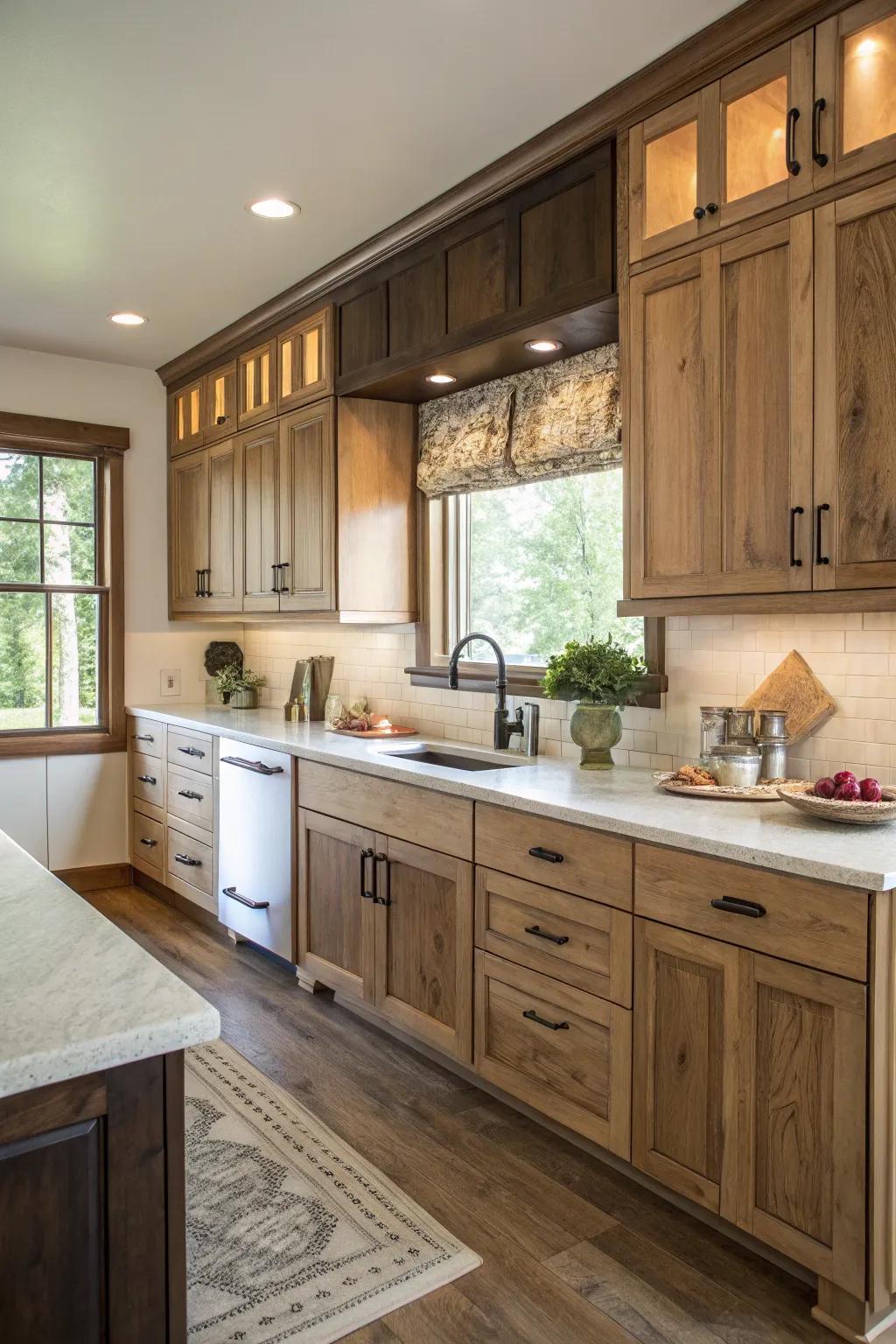 A dual-tone aesthetic adds dimension and flair to walnut culinary spaces.