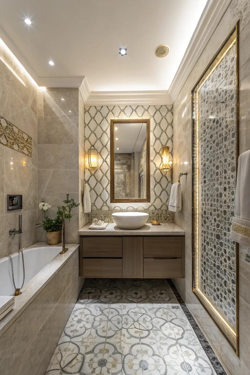 Intricate tiles incorporate a nuance of artistry to this bathroom.
