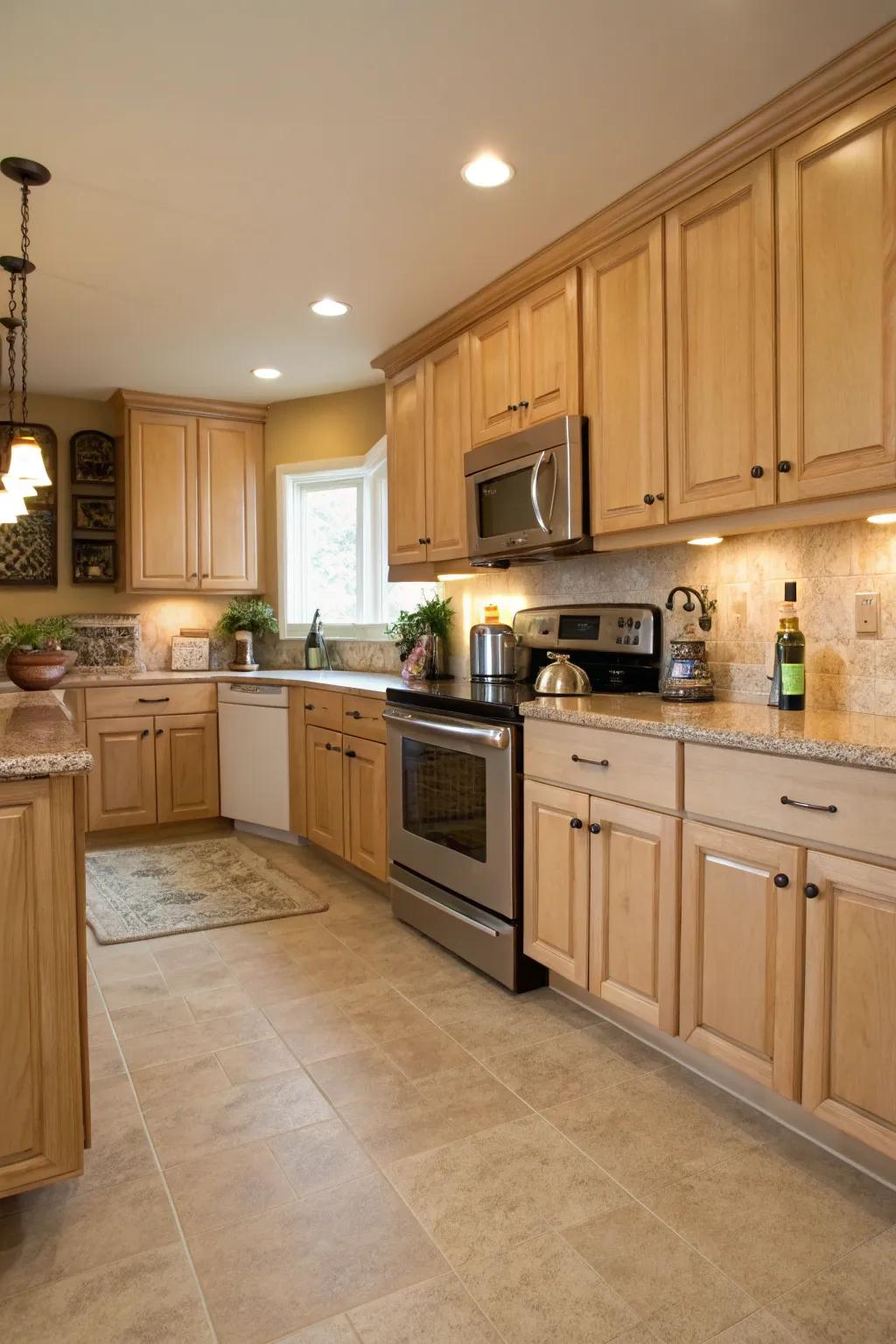 Neutral flooring enhances the warm tones of pale maple cabinets.